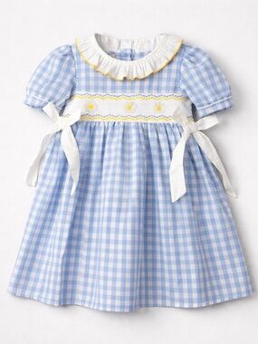 Rylee Faith Designs blue and white gingham smocked dress daisy floral embroidery